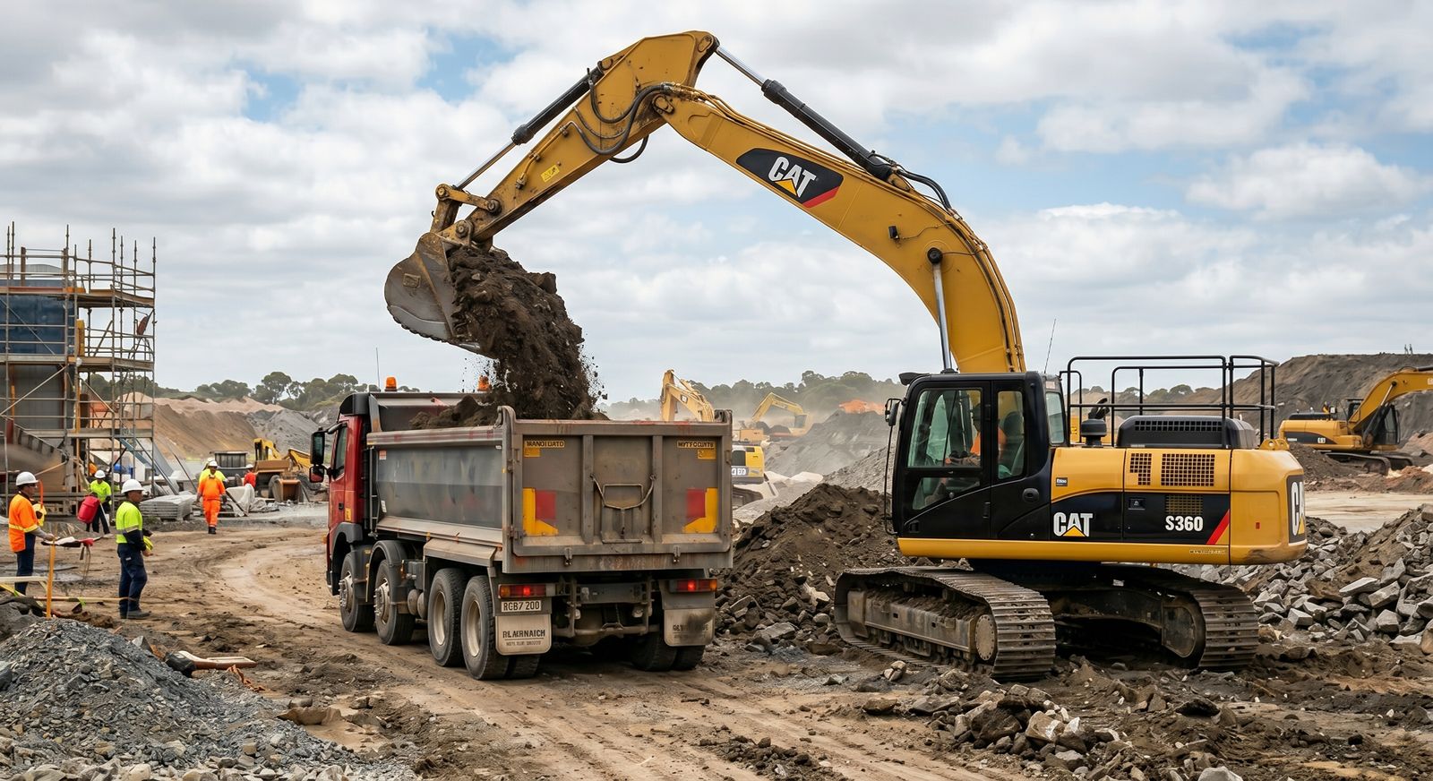 CAT excavator loading a dump truck on a construction site, financed through fundr NZ