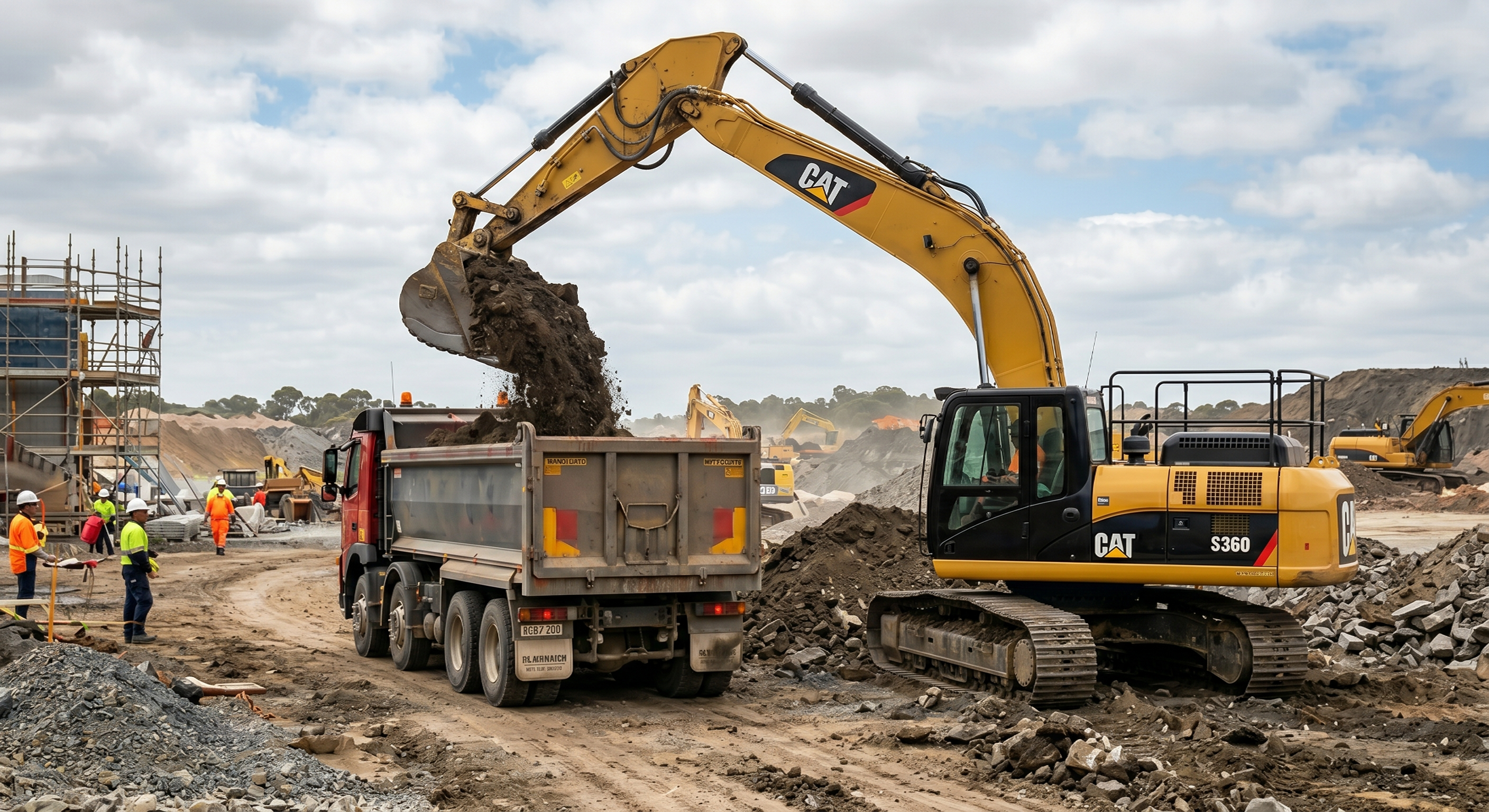 CAT excavator loading a dump truck on a construction site, financed through fundr NZ
