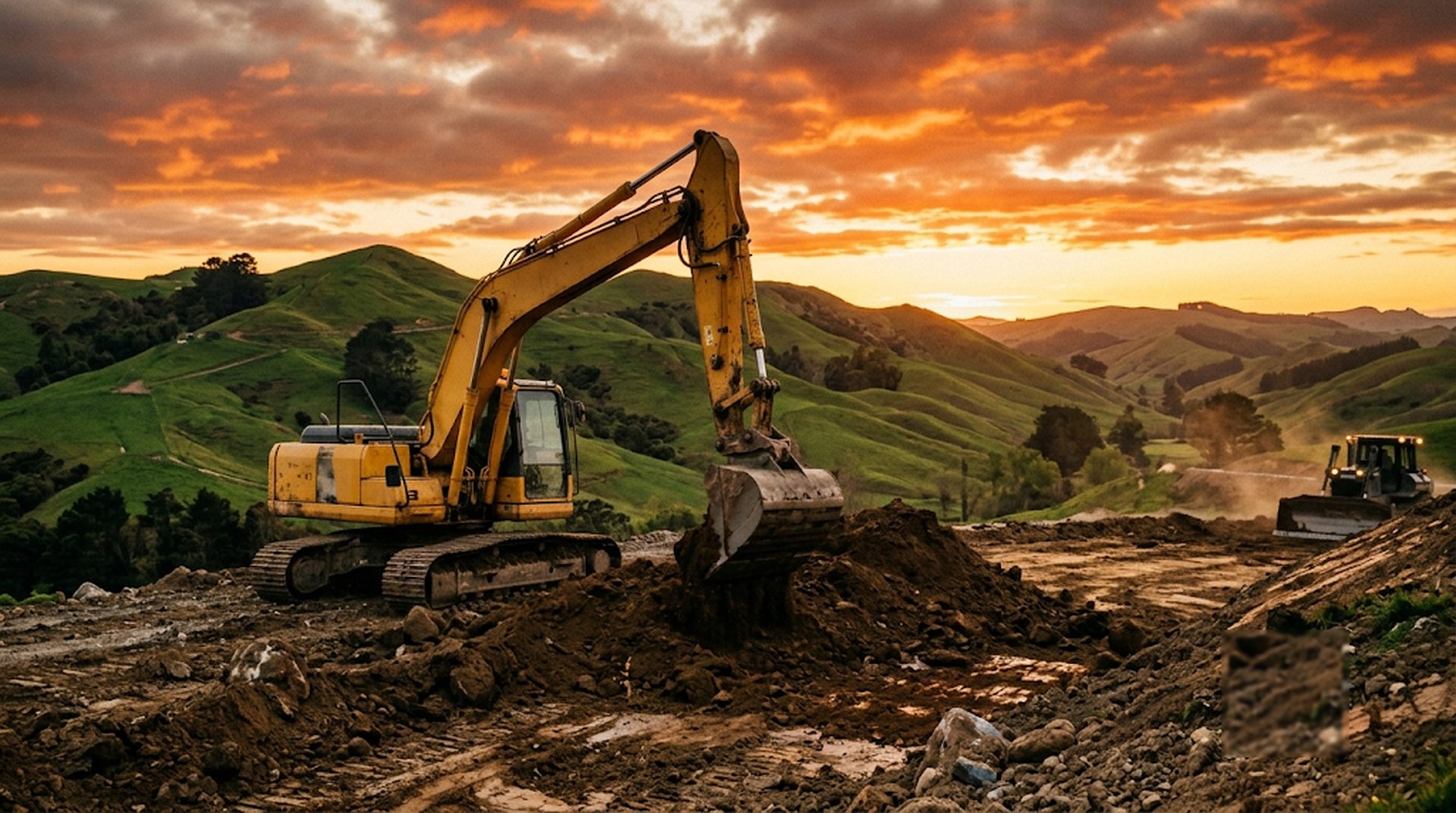 Yellow excavator on a NZ construction site at sunset, financed by fundr