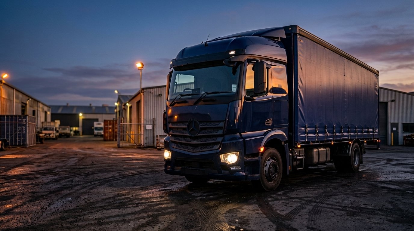 Prime mover truck parked in a warehouse yard at dusk, financed through fundr NZ