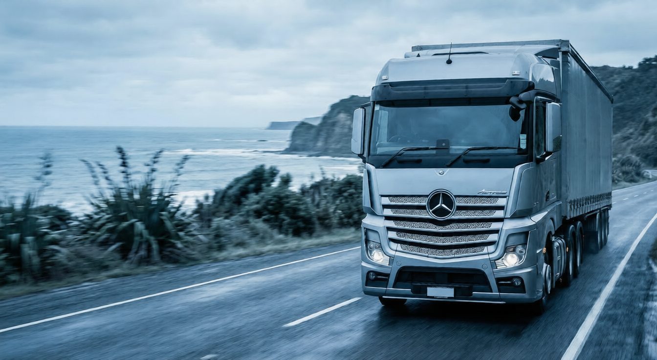 Silver Mercedes-Benz Actros prime mover driving on a New Zealand coastal road, financed by fundr