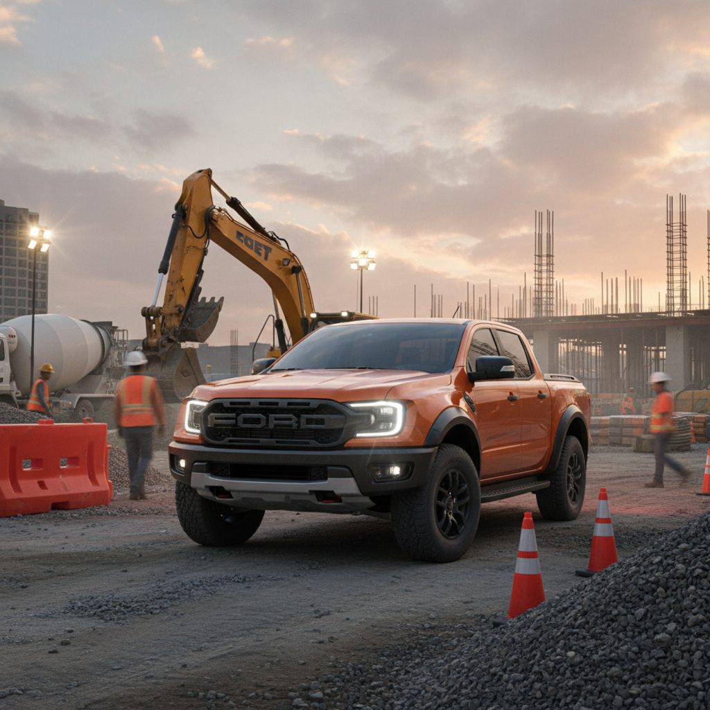 Orange Ford Ranger Raptor ute on an NZ construction site at dusk, financed by fundr