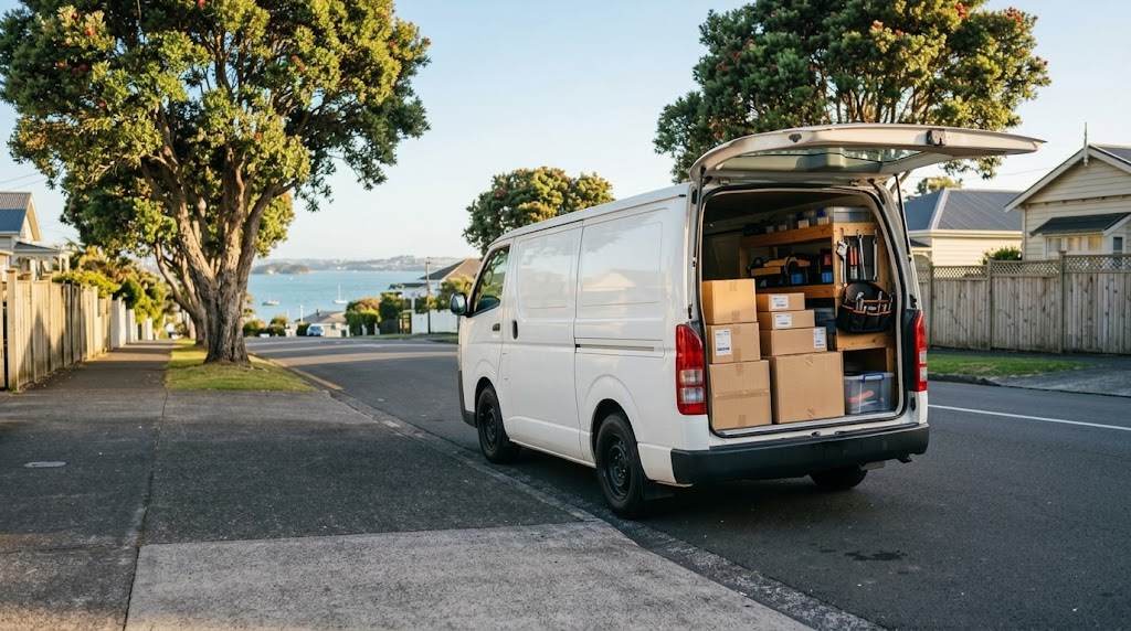 White work van with rear doors open showing parcels and tools, parked on an Auckland street lined with pōhutukawa trees