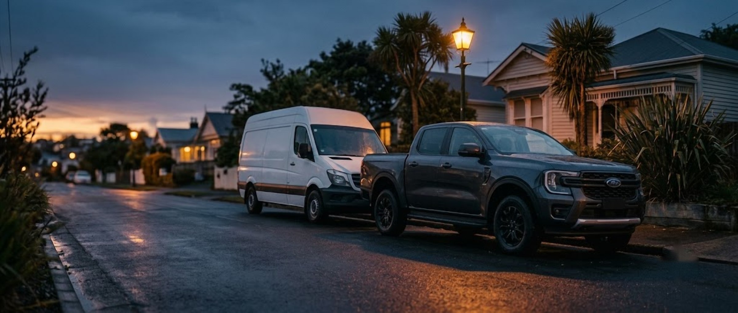 Ford Ranger ute and Mercedes-Benz Sprinter van parked outside a villa on an Auckland street at dusk, financed by fundr