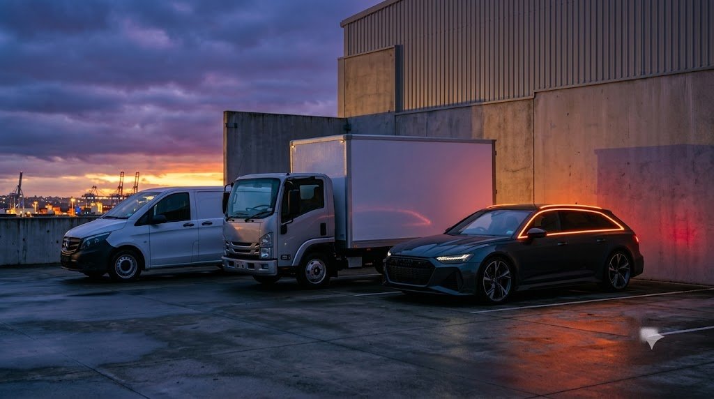 Business vehicle fleet including a van, box truck and SUV parked outside a warehouse in New Zealand
