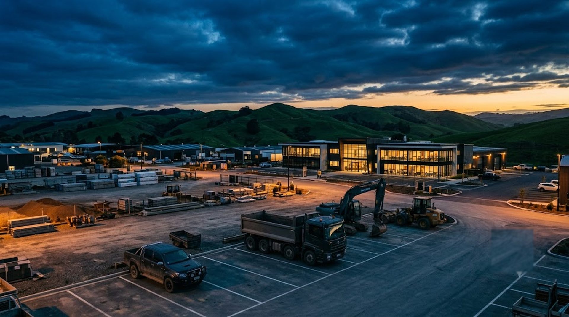 NZ commercial precinct at dusk with ute, tipper truck and excavator — financed by fundr